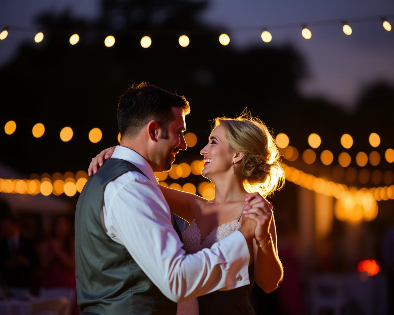 Couple dancing under string lights